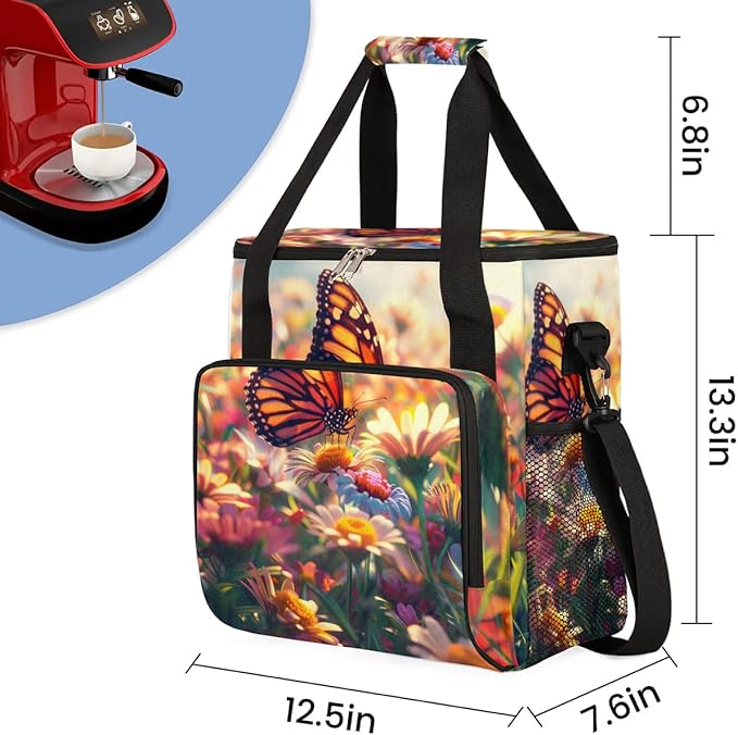 Sunshine Butterfly Colorful Flowers Leaves Coffee Maker Carring Bag Travel Tote Bag Compatible with Keurig K-Mini or K-Mini Plus Portable Single Serve Coffee Brewer Case with Pockets for K-cup Pods