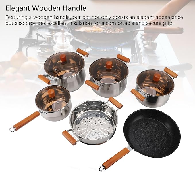 Stainless Steel Cookware Set Wooden Handle Multifunctional Kitchen Cooking Set for Steaming Boiling Making Soup