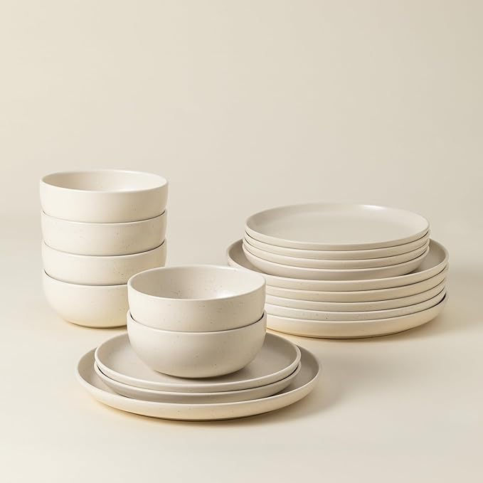 Casafina Ceramic Stoneware 18-Piece Place Setting Service for 6 with Cereal Bowls - Pacifica Collection Vanilla | Microwave &amp Dishwasher Safe Dinnerware Set | Food Safe Restaurant Quality Tablewa
