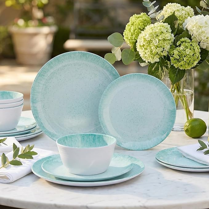Melamine Dinnerware Set – 4 Dinner Plates 4 Salad Plates 4 Cereal Bowls – Shatterproof Lightweight &amp Stylish for Everyday Dining Outdoor Camping and RV Use