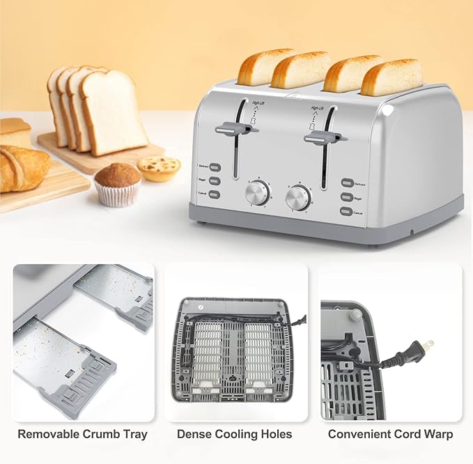 Toaster 4 Slice Retro Stainless SteelBest Prime 4 Slice Toaster Wide Solt with 7 Shade Settings Perfect for Waffles Bagels and More Lainsten T-527