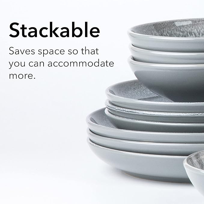 FAIT Round Stoneware 16pc Dinnerware Set for 4 Dinner Plates Side Plates Cereal Bowls Mugs - Reactive Glaze Grey (448158)