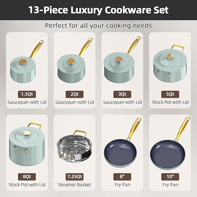 Nuwave Lux LE 13-Pc Cookware Set with Elegant Gold Handle Diamond Infused Ceramic Non-Stick PFAS Free Premium Metal Lids Ergonomic Stay-Cool Handles Induction Ready &amp Compatible w/All Cooktop
