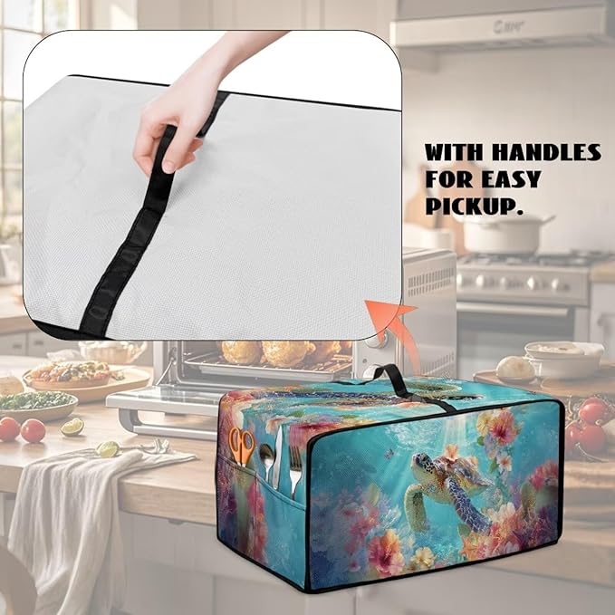 Sea Turtle Print Toaster Oven Air Fryer Cover Hibiscus Starfish Print Bread Maker Machine Covers with Side Pockets Kitchen Small Appliance Cover S