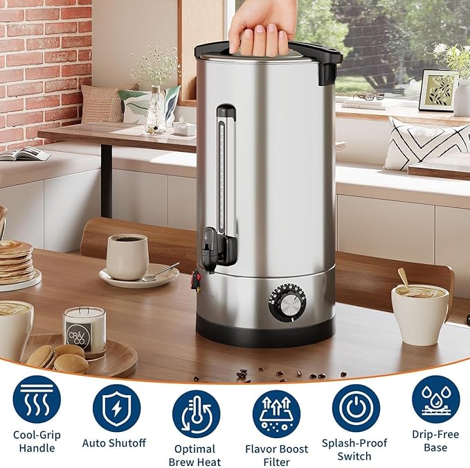 70 Cup 10L Commercial Coffee Maker | Large Capacity Coffee Urn with Double-Wall 304 Stainless Steel | Quick Brew Dispenser for Offices Meetings &amp Large Gatherings Silver