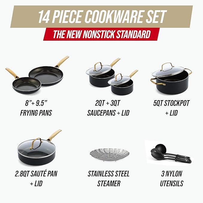 Blue Diamond 14 Piece Induction Nonstick Cookware Set Diamond Infused PFAS-Free Ceramic Nonstick Pots &amp Pans Durable Metal Utensil Safe Dishwasher Safe Oven &amp Broiler to 600F Black/Gold