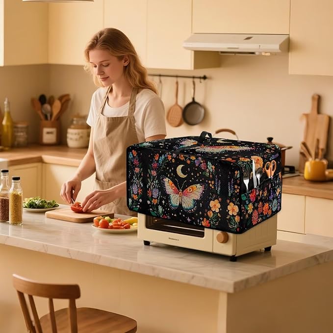 Butterfly Flower Toaster Oven Cover Heavy Duty Heat-resistant Waterproof Dust-Proof Protective Case with Side Pockets for Bake Air Fry Toaster Oven Easy Maintenance