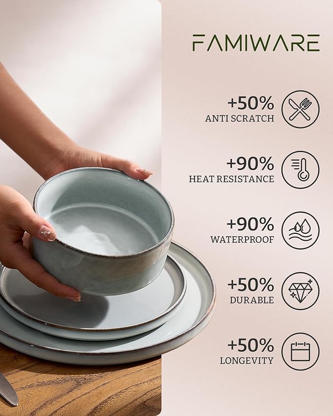 Famiware Annecy Plates and Bowls Sets 12 Pieces Dinnerware Sets Microwave and Dishwasher Safe Dishes Set for 4 Chip and Scratch Resistant Grey-Blue