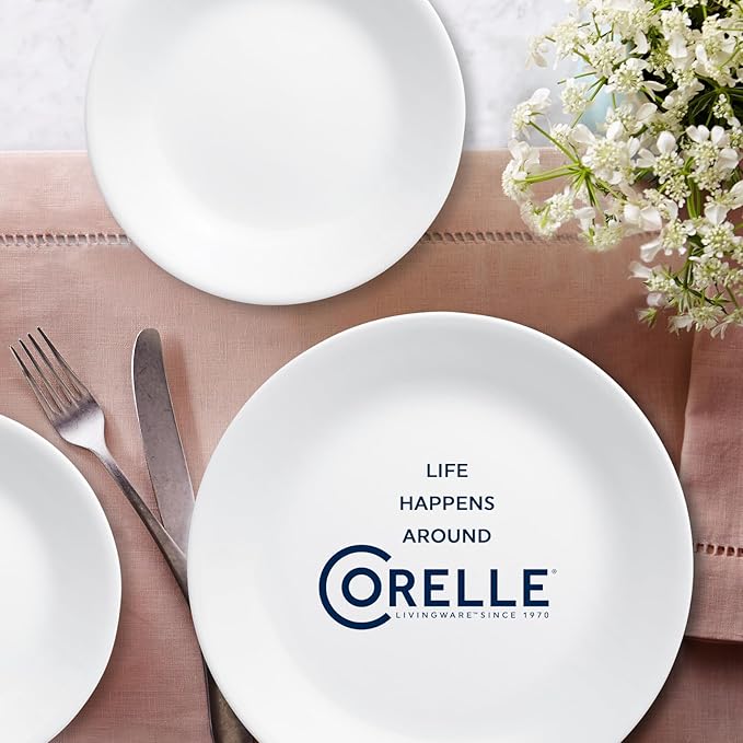 Corelle Vitrelle 18-Piece Service for 6 Dinnerware Set Triple Layer Glass and Chip Resistant Lightweight Round Plates and Bowls Set Winter Frost White