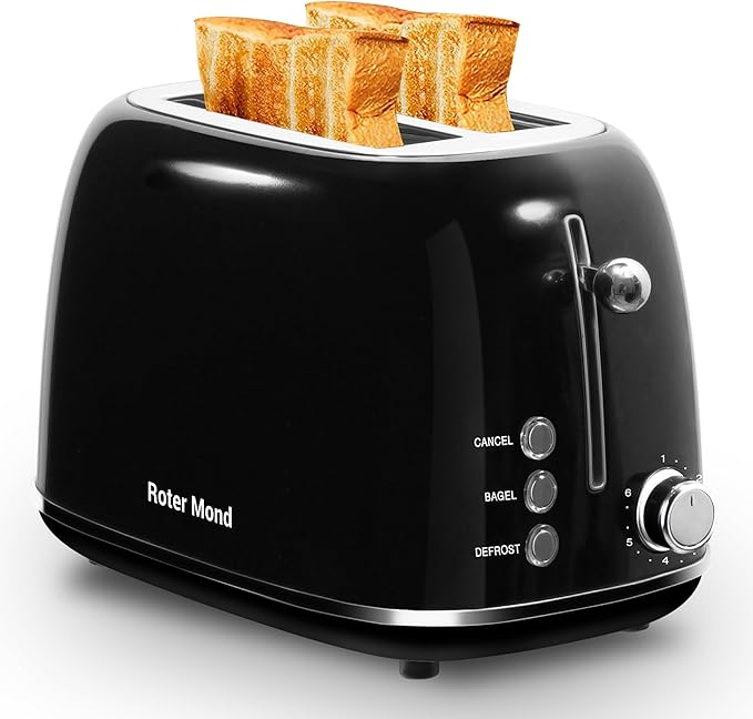 Roter Mond 2 Slice Toaster Retro Stainless Steel with Bagel Cancel and Defrost Functions 6 Bread Shade Settings Extra Wide Slots and Removable Crumb Tray Black