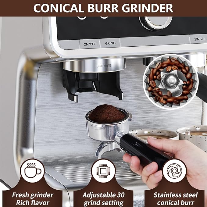 Stainless Steel Espresso Machine with Grinder &amp 20 Bar Pressure 2.8L Removable Water Tank Milk Frother Steam Wand for Latte/Cappuccino - Adjustable Shot Volume Professional Home/Office Use