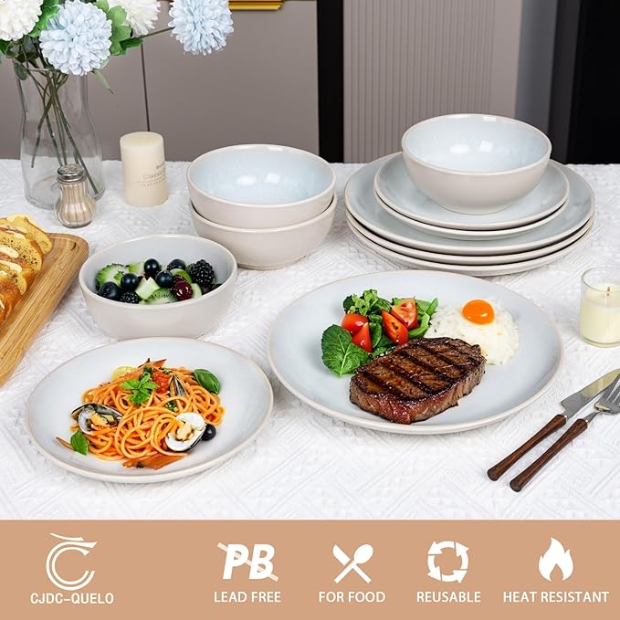 Plates and Bowls Sets for 4 - CJDC-QUELO 16-Piece Stoneware Dinnerware Sets Ceramic Dishware Set for Kitchen Use and Formal Dining Chip and Scratch Resistant Microwave Dishwasher Safe Off White
