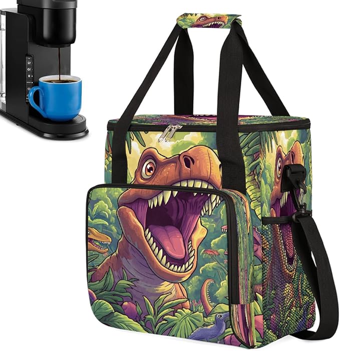 Cartoon Dinosaur Forest Coffee Maker Carring Bag Travel Carrying Storage Tote Bag Compatible with Keurig K-Mini or K-Mini Plus Portable Single Serve Coffee Brewer Case with Pockets for K-cup Pods