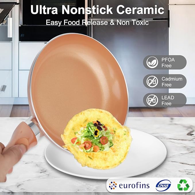 Pots and Pans Set Ultra Nonstick Pre-Installed 11pcs Cookware Set Copper with Ceramic Coating Stay cool handle &amp Nylon Kitchen Utensils Gas/Induction Compatible 100% PFOA Free