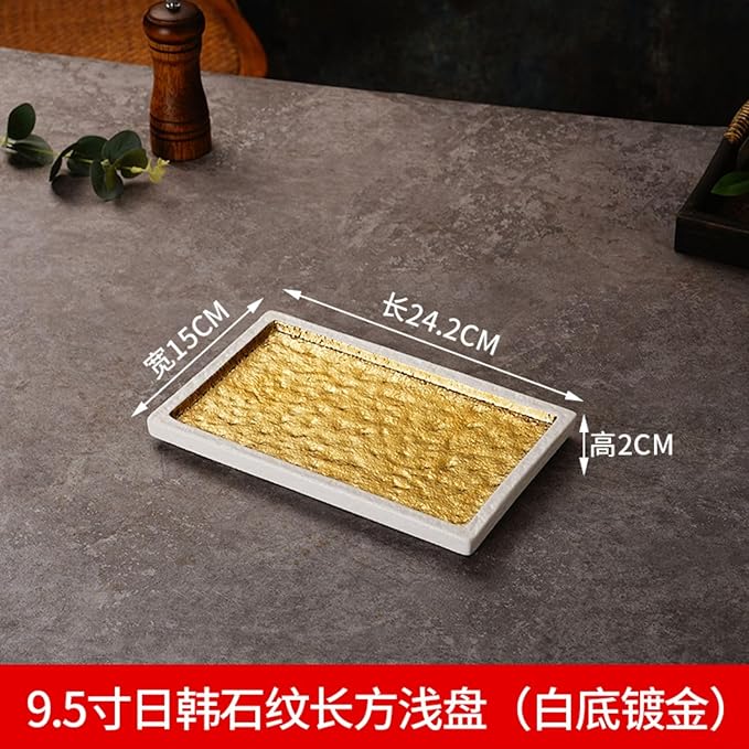Thcbme 日式寿司盘个性烧烤盘烤盘创意炸物盘陶瓷餐具平盘串烧盘/birthday plates Lounge Round Reactive Glaze Stoneware Dinnerware Set/9.5寸石纹长方浅盘 白底镀金