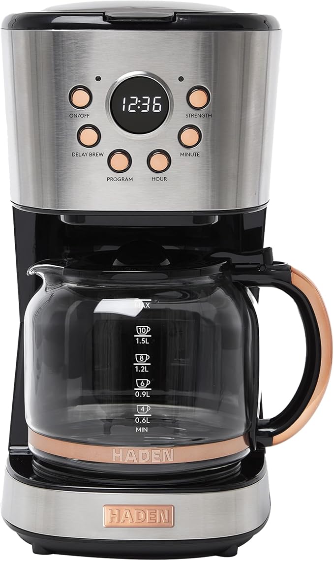 Haden Coffee Machine 12 Cup Programmable Drip Coffee Maker with Auto Shut-Off Function and Reusable Washable Water Filter Steel &amp Copper