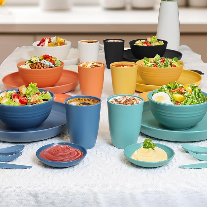 Wrova Wheat straw dinnerware sets - 28 Pieces dish sets service for 4 - Lightweight and Unbreakable Plates and Bowls Sets for Travelling and Camping.White