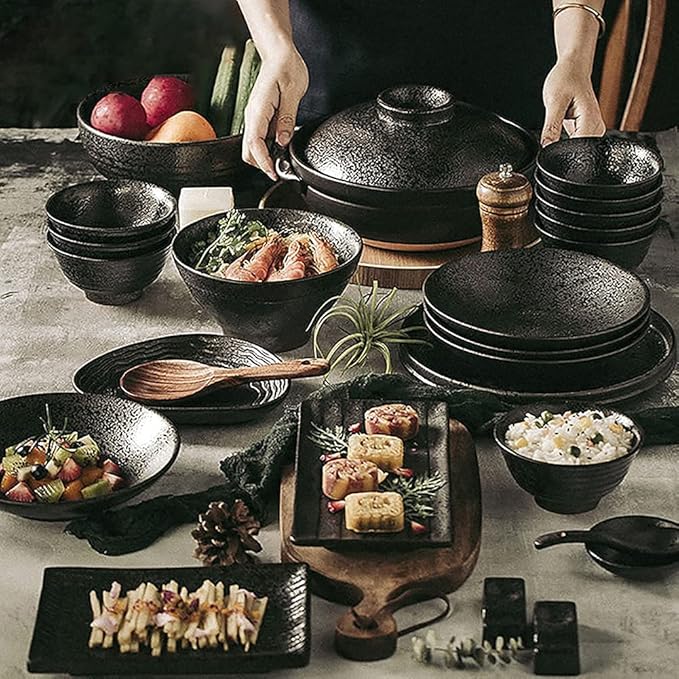 Kitchen Tableware SetCeramics Dinnerware Sets Plates and Bowls Sets 66 Pcs Kiln Change Dishes Set - Black Dinner Plates/Steak and Pasta Plate