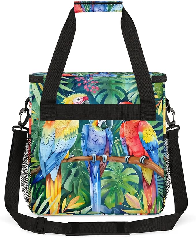 Parrot Tropical Palm Leaves Travel Coffee Maker Carrying Bag Large Organizer Storage Tote Bag Insulated Reusable Cooler Grocery Bags