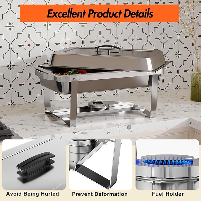 Catering Chafing Dish Set – 8QT Rectangular Stainless Steel Buffet Food Warmers – Includes Water Pan &amp Fuel Holders – Portable for Events Parties Banquets – 4-Pack Four-piece Set