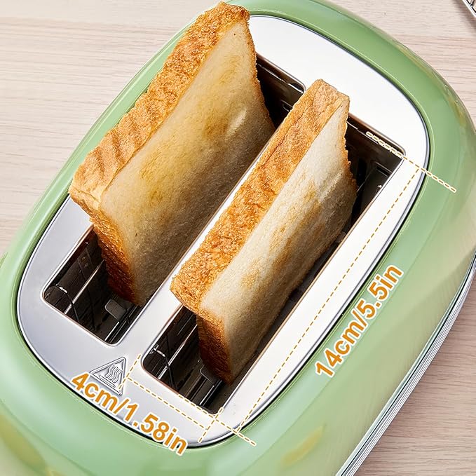 Green Cute Retro Toaster 2 Slice with 1.58 Wide Slots with Stainless Steel Lid with Warming Rack Preheat Defrost Countdown Timer Display