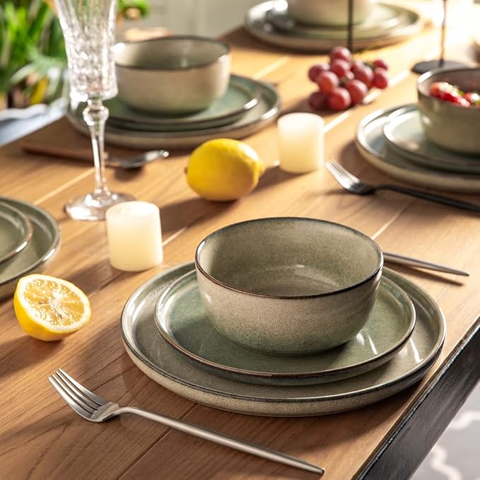 AmorArc Ceramic Dinnerware SetsRound Reactive Glaze Stoneware Plates and Bowls SetHighly Scratch Resistant | Dishwasher &amp Microwave Safe DishesService for 6 (18pc)