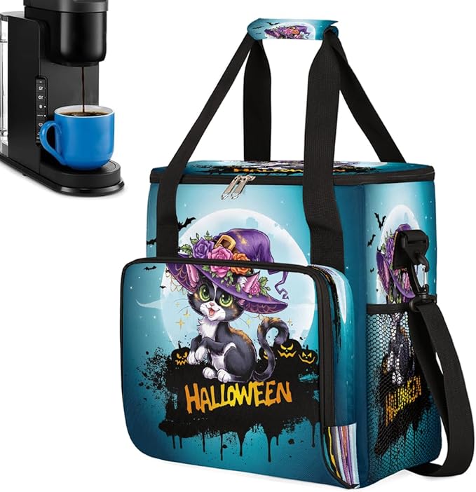 Halloween Flower Cat Moon Coffee Maker Carring Bag Travel Carrying Storage Tote Bag Compatible with Keurig K-Mini or K-Mini Plus Portable Single Serve Coffee Brewer Case with Pockets for K-cup Pods