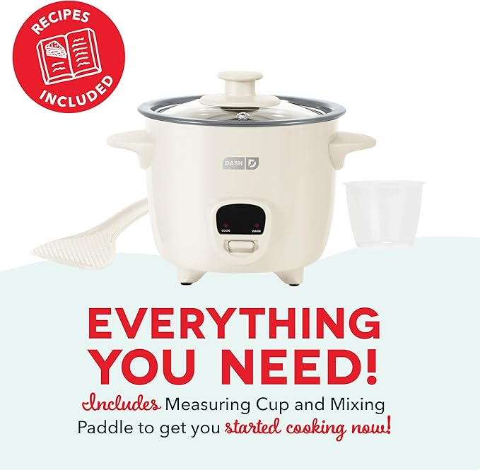 DASH Mini Rice Cooker Steamer with Removable Nonstick Pot Keep Warm Function &amp Recipe Guide .5 Quart for Soups Stews Grains &amp Oatmeal - Cream