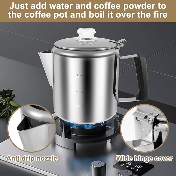 Stainless Steel Coffee Percolator 6 Cup Fast Brew Coffee Maker Percolator with Glass Knob Portable Outdoors Camping Coffee Pot for Gas Stove