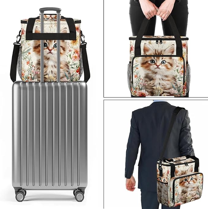 Cat Floral Coffee Maker Travel Bag Cute Cat Insulated Grocery Bag Travel Picnic Leakproof Cooler Bags With Shoulder Strap