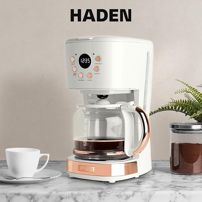 Haden Heritage 2 Slice Wide Slot Stainless Steel Toaster Bundled with 12 Cup Programmable Drip Coffee Maker Coffee Machine Ivory &amp Copper