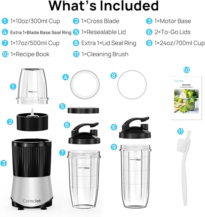 Consciot CB08 11-Piece Blender for Kitchen and Personal Size Blend Shakes and Smoothies Frozen Drinks Baby Food Spreads &amp More 3 Portable To-Go Cups &amp 2 Spout Lids &amp 1 Solid Lid 900