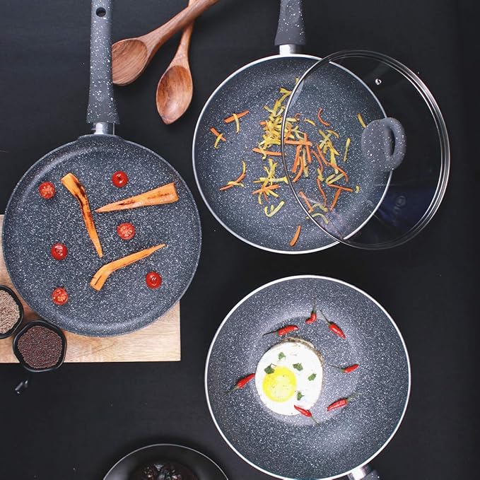 Wonderchef Granite Nonstick 4 Piece Cookware Set(Frying Pan with Lid Wok Dosa Tawa) Induction Bottom Soft-Touch Handles Pure Grade Aluminium PFOA 3.5mm 2 Years Standard Grey