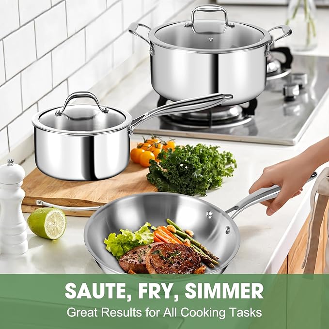 3 Ply Stainless Steel 11-Piece Cookware Set with Lids Pots and Pans Kitchen Set Non-Toxic Induction Oven Dishwasher Safe Professional Chef Quality
