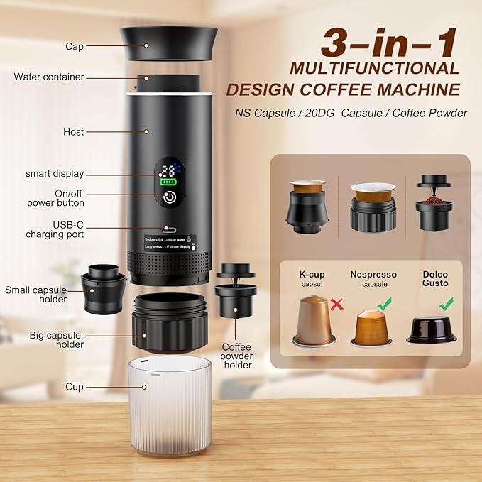 Portable Battery Espresso Coffee Maker for Travel 20 bar Mini Car Espresso Machines 3-in-1 Self-Heating Electric Espresso Maker USB-C Ground Coffee &amp Capsule Pod(Ns&ampDG) RV Hiking Office