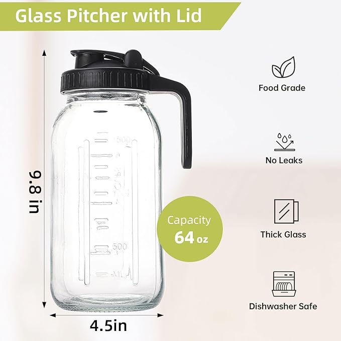 2 Quart Glass Pitcher with Lid for Fridge Cold Brew Coffee Maker 64 oz 2 Pack Airtight Leakproof Iced Tea Pitcher with Stainless Steel Filter New Years Gifts for Friends (Black &amp Gray)