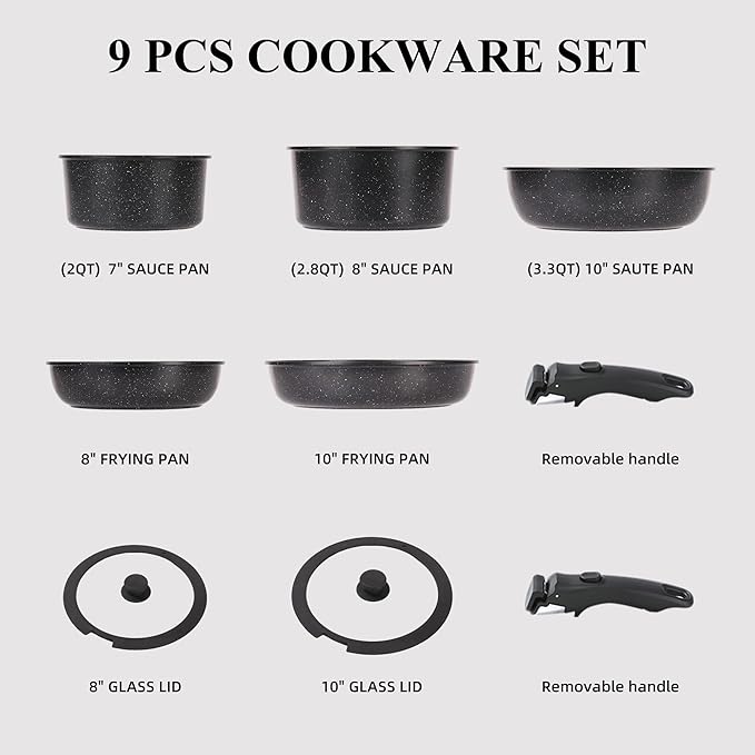 Black Pots and Pans Set Non Stick Removable Handle Ceramic Cookware Set Nonstick 9Pcs Dishwasher Oven Safe RV Kitchen Cooking Set Stackable Induction Cookware (Black 9Pcs)