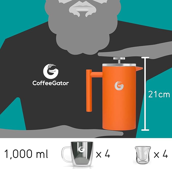 Coffee Gator French Press Coffee Maker 34oz Double Insulated Stainless Steel Brewer plus Travel Jar Canister Portable Hot Cold Brew Tea for Coffee Bar Accessories Kitchen Camping Orange