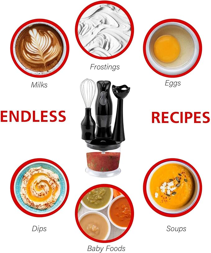 2-Speed Electric Hand Blender with Balloon Whisk – Ergonomic Immersion Blender for Mixing Chopping and Food Processing – Stainless Steel Blades 5ft Cord Dishwasher Safe (Black)