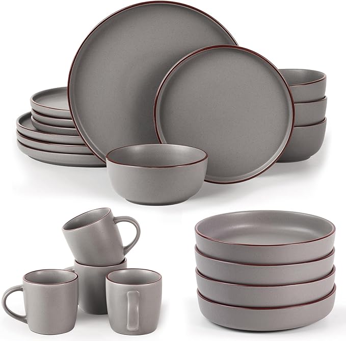 Famiware Mercury Plates and Bowls Sets with Mugs Set 20-Piece Stoneware Dinnerware Sets for 4 Dark Gray