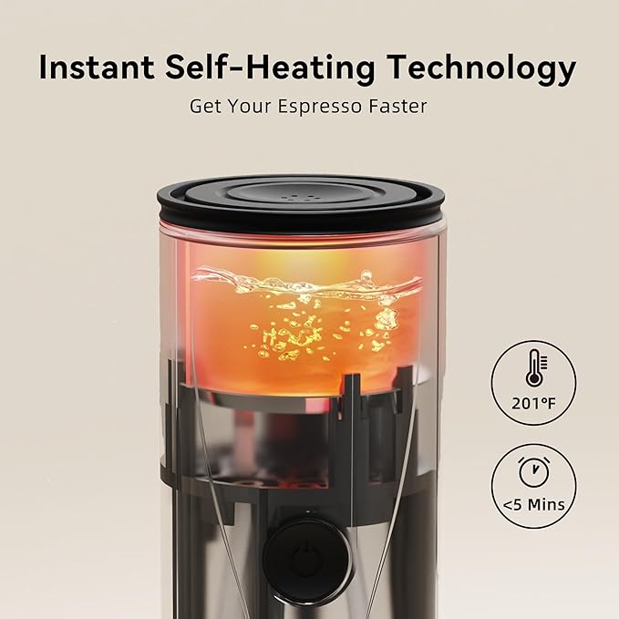 Portable Espresso MakerSelf-Heating Electric Mini Coffee MachineUp to 20-Bar PressureCompatible with NS Capsules &amp Fine GrindCoffee Maker for Outdoor CampingHikingRV &amp Car travel (Black