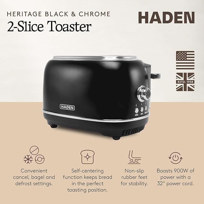 Haden Heritage 2 Slice Wide Slot Stainless Steel Toaster with Adjustable Browning Control &amp Non-Slip Feet Black &amp Chrome