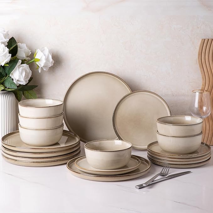 GBHOME Ceramic Dinnerware Sets for 6 18 Pieces Stoneware Plates and Bowls Sets Scratch Resistant Dishes Dishwasher &amp Microwave Safe Reactive Glaze-Cappuccino