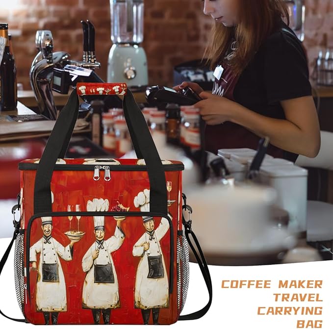 Chef Food Oil Painting Coffee Maker Carrying Bag Coffee Machine Travel Storage Bag Compatible with K-Mini or K-Mini Plus Portable Single Serve Coffees Brewer Case with Pockets for K-Cup Pods