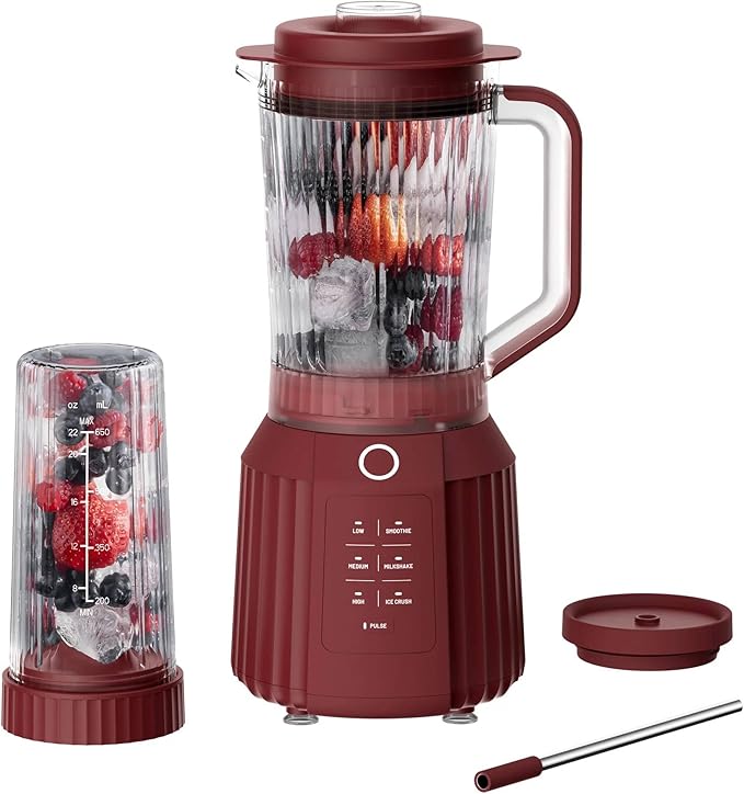Countertop Blender with Pitcher and To-Go Cup 1100W High-Power Blender Stainless Steel Blade Multiple Speed Settings (Cabernet Red)