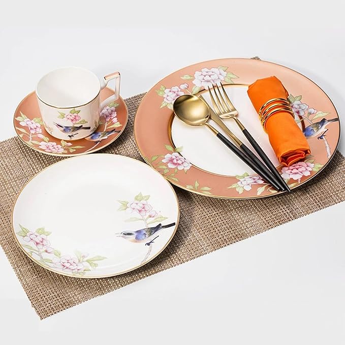 8 Piece Dinnerware Sets Round Dinner Plates Coffee Cup and Saucer Set bird and flower pattern dishes set Scratch Resistant Lead-Free Oven and Dishwasher Safe