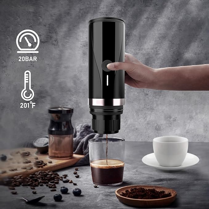 Portable Espresso Machine Self-Heating Electric Portable Espresso Maker20 Bar Mini 12V 24V Car Coffee Maker with NS Pods &amp Ground Coffee for Travel Camping Office Home(Black)