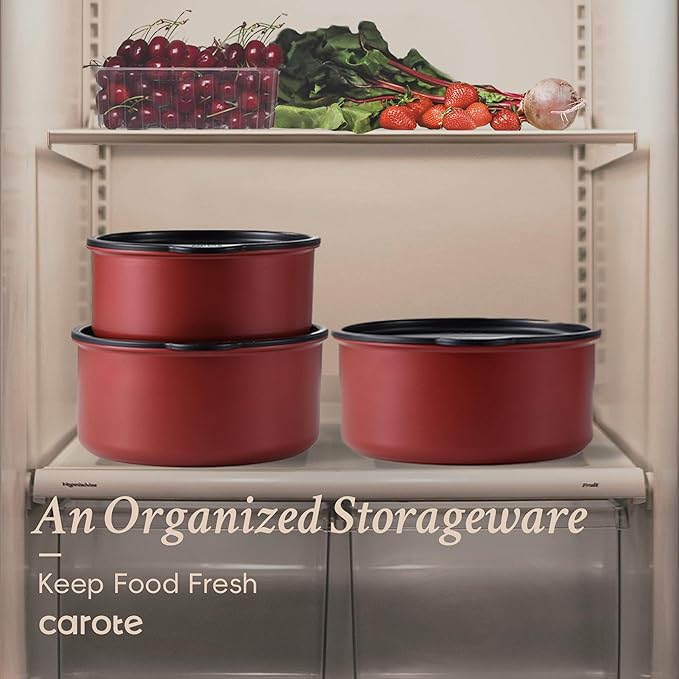 CAROTE Pots and Pans Set Non Stick Cookware Sets Oven/Fridge Safe Space Saving Pots Set 11pcs Kitchen Set Nonstick Set with Versatile Removable/Detachable Handle Induction RV Set Red and Black