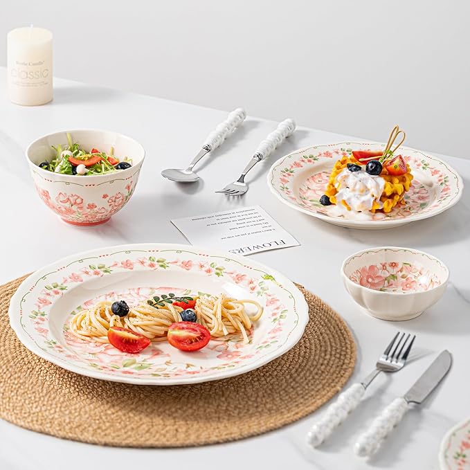 24 Piece Dinnerware Sets for 6 Scratch Resistantmicrowave oven and Dishwasher Safe Plates and Bowls Sets Ceramic Dish Set Bowl and Plate Set -Pink peach blossom pattern