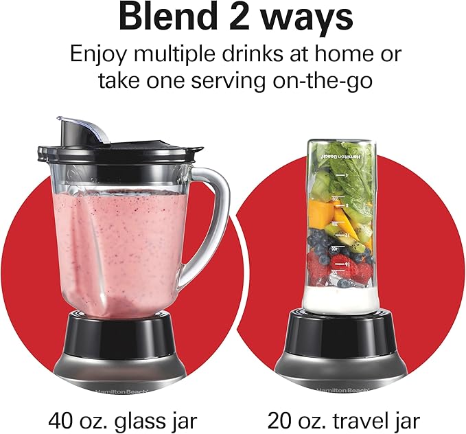 Hamilton Beach Wave Action Blender for Smoothies Stainless Steel Ice Sabre Blades 40oz Glass Jar 20oz Blend-In Portable Travel Jar 800 Watts Quiet Design Gray (58181)